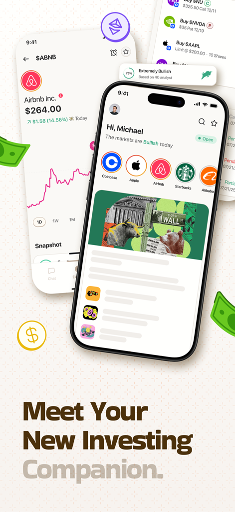 Mobile app interface of Ape AI showing stock analysis and bullish market trends