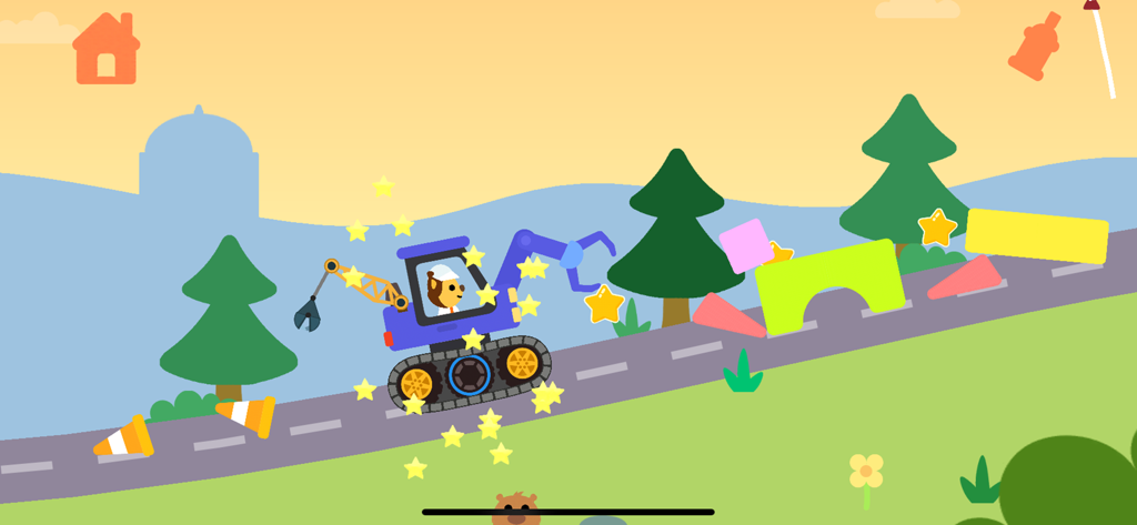 Cartoon excavator driving on a road with colorful shapes and stars in a kids educational game