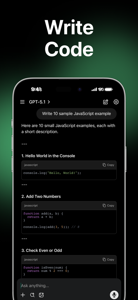 Assistant chatbot IA Gigachat générant des exemples de code JavaScript sur un iPhone