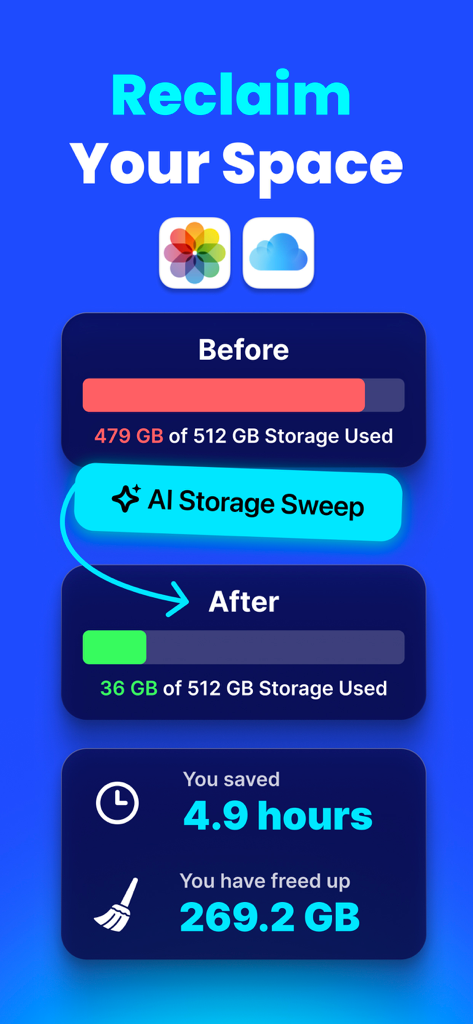 PureDefend: Security & Cleaner - PureDefend app interface demonstrating the AI Storage Sweep feature to reclaim device space.