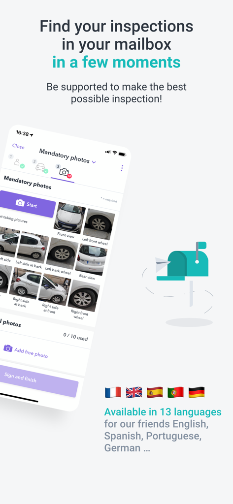 WeProov - Car Inspection - Interface de l'application mobile WeProov affichant une liste de contrôle photo d'inspection de voiture et un support multilingue