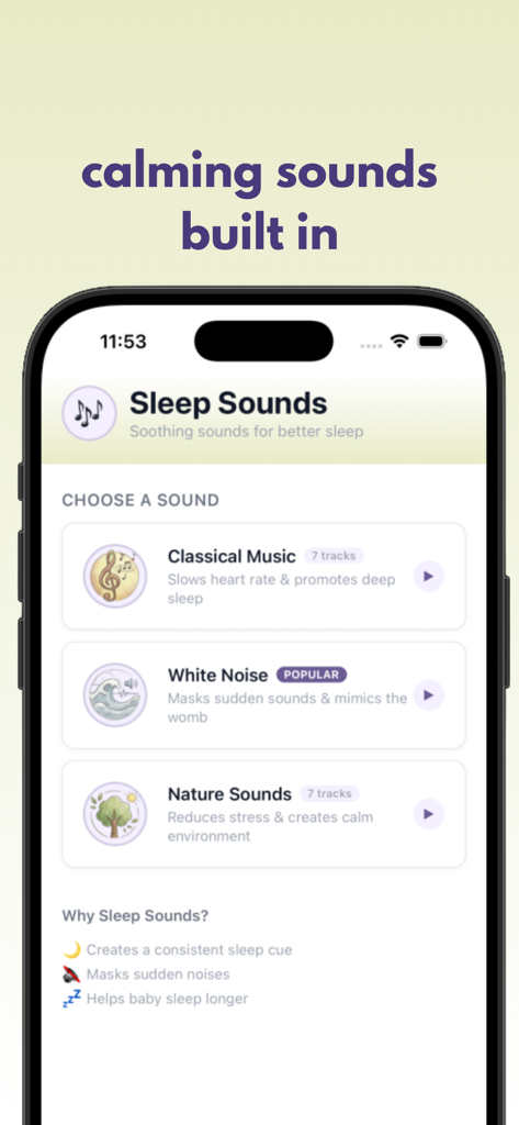 Sonito: Baby Sleep Tracker - Uma captura de tela do aplicativo rastreador de sono do bebê Sonito mostrando o menu de sons para dormir com opções de música clássica, ruído branco e sons da natureza