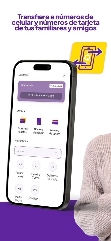 V.way - Interface do aplicativo V.way mostrando opções para transferir dinheiro para contatos por telefone celular ou número de cartão.