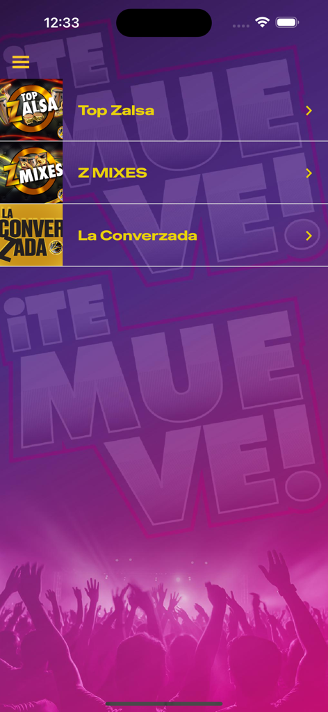 ZFM 95.1 - Z FM 95.1 app menu screen featuring Salsa and Z Mixes music categories