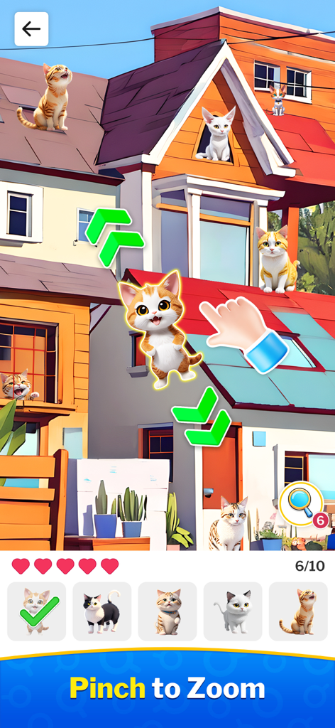 Searching for hidden cats in a colorful neighborhood scene with pinch to zoom instruction