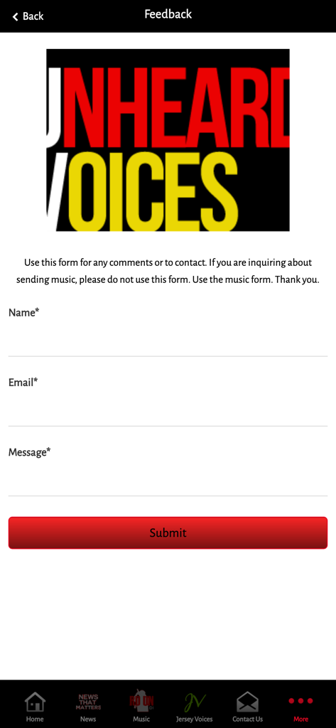 Contact and feedback form in the Unheard Voices Magazine app for user inquiries and messages
