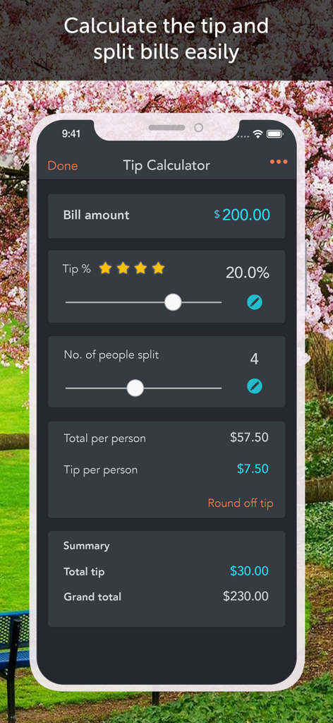 Interfaz de calculadora de propinas dentro de la aplicación Lupa y Linterna mostrando el monto de la cuenta y la división de propinas para cuatro personas