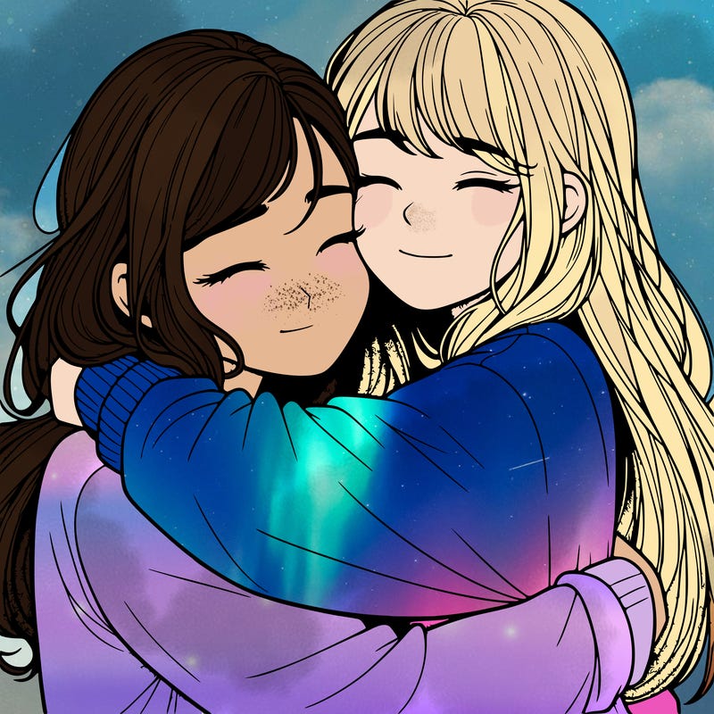 realistic two girls hugging