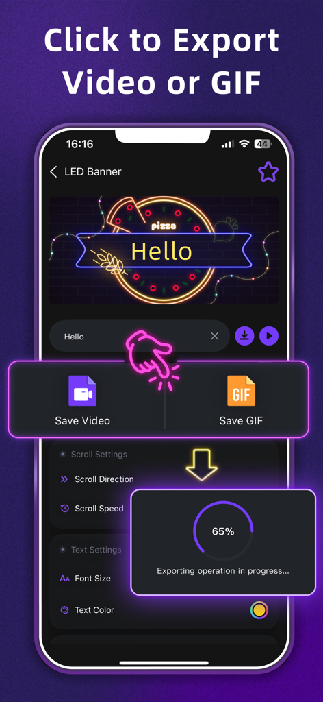 LED Banner - Big Text Scroller - Pantalla de smartphone mostrando la app LED Banner exportando un cartel de pizza de neón como video o GIF