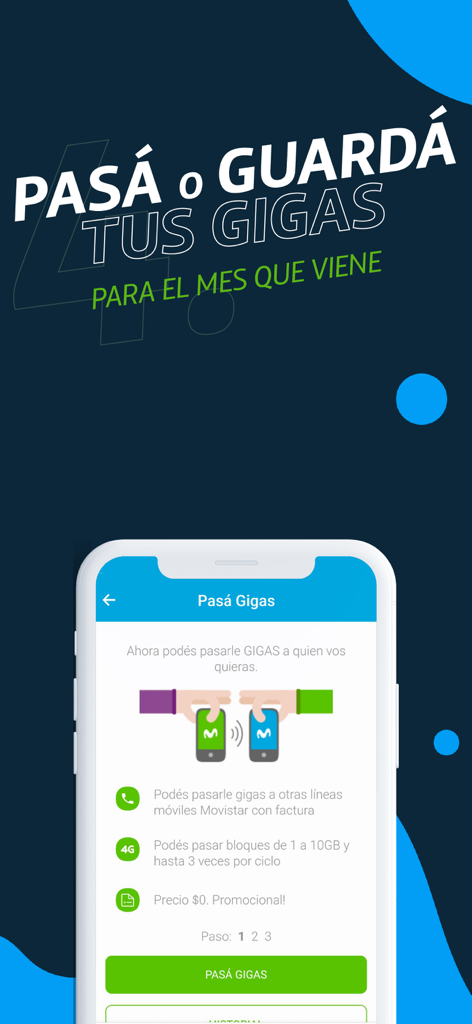 Interface do aplicativo Mi Movistar mostrando a opção de transferir ou salvar dados móveis para o próximo mês