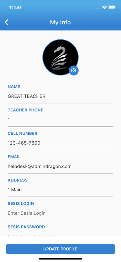 Schermata delle impostazioni del profilo dell'insegnante con i campi di accesso SESIS nell'app DRAGON Special Ed.
