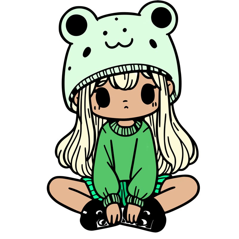 a girl wearing a frog hat and some frog socks