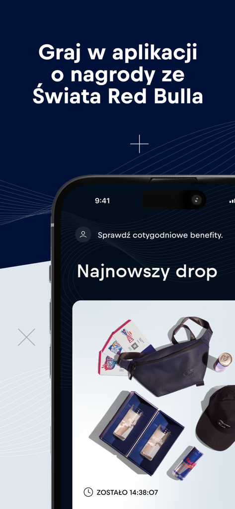 Interface of the Red Bull MOBILE app showing exclusive merchandise rewards and a countdown for the latest prize drop.