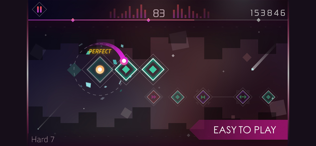 Beat Tiles: Rhythmatic tap - Beat Tilesリズムゲームのスクリーンショット。ネオンボールがダイヤモンドタイルをタップしており、「easy to play」というテキストが表示されている