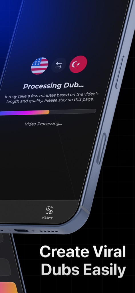 DubxAI: AI Video Dubbing Voice - DubxAIモバイルアプリの画面。英語からトルコ語へのAI動画ダビングの進行状況を表示。