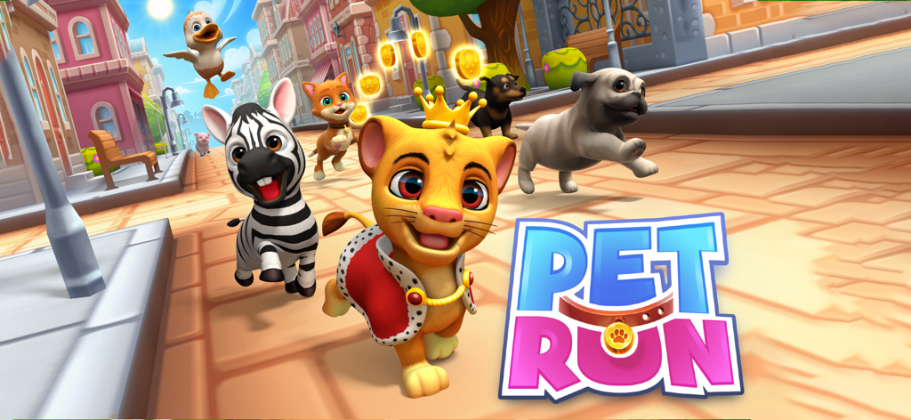 Pet Run - Puppy Dog Run Game - Zeichentricktiere, darunter ein Löwe mit Krone, ein Zebra und ein Mops, rennen durch eine Stadtstraße
