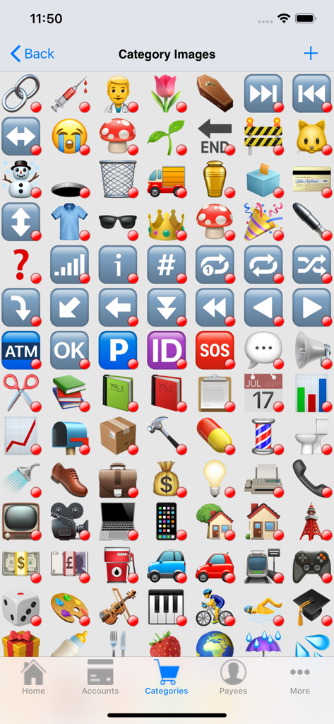 MoneyBelt - 支出カテゴリ用に選択可能な多様なアイコンを表示したMoneyBeltアプリのインターフェース