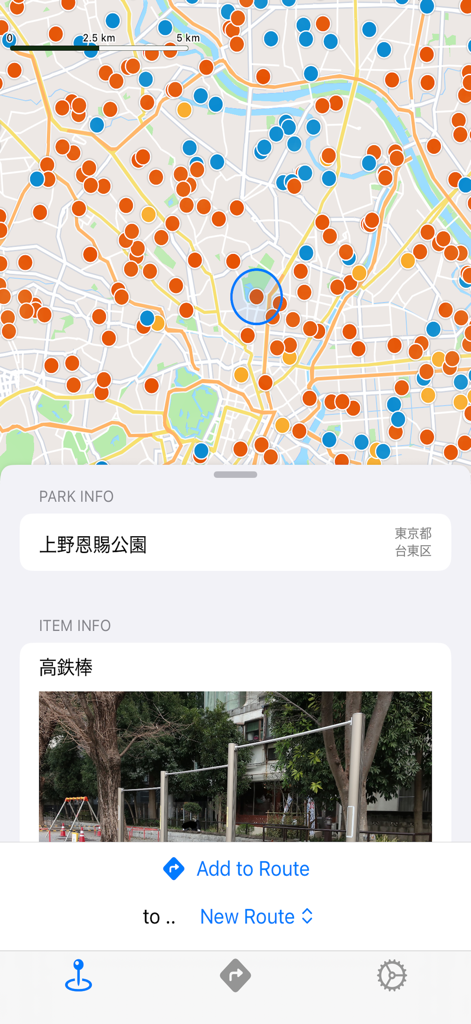 Map interface of the Pull Up Park app showing locations of outdoor fitness equipment in Japan