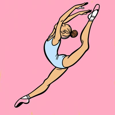 gymnast doing a leap in a leotard with a bent back leg