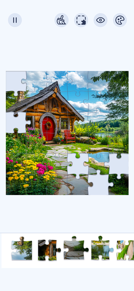 Jigsawgram: Jigsaw Puzzle - Jigsawgram gameplay interface showing a partially completed puzzle of a cozy cottage and vibrant flower garden.