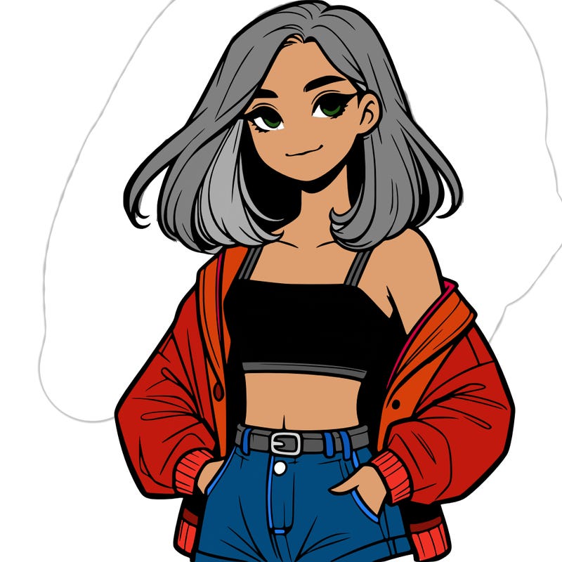 a realistic girl with a crop top and short shorts in an open jacket
