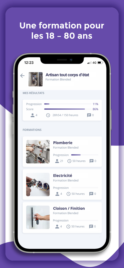 La Taloche - Interface d'une application mobile pour apprendre des compétences professionnelles comme la plomberie et l'électricité avec suivi des progrès.