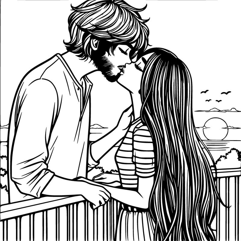 a tall girl with long hair down  kissing a tall boy with shaggy hair with no beard under the sunrise on a balcony realistic