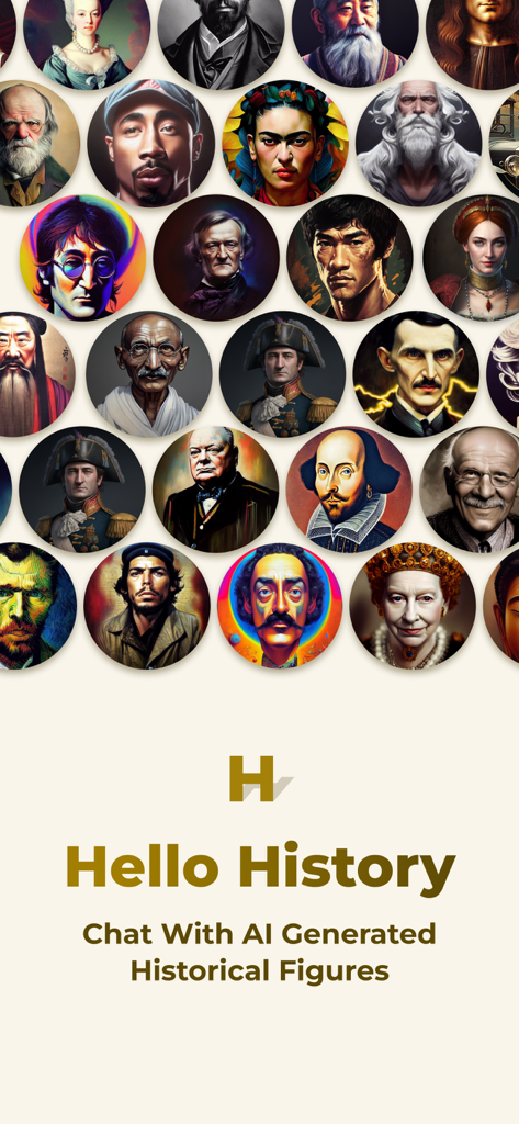 Hello History - AI Chat - A grid of circular portraits featuring historical figures like Gandhi and Napoleon above the app title Hello History Chat With AI Generated Historical Figures