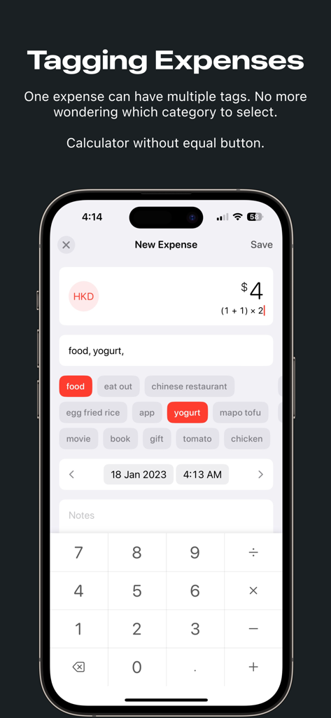 Money Zen: Expense Tracker - Interface of the Money Zen app showing a new expense entry with multiple tags and an integrated calculator.