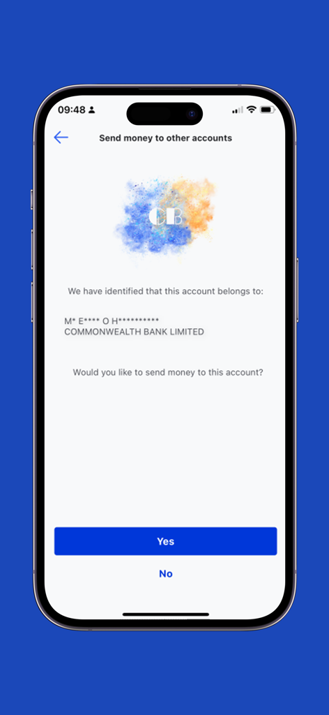 Écran de confirmation de transfert de la banque mobile CBL demandant d'envoyer de l'argent à un autre compte