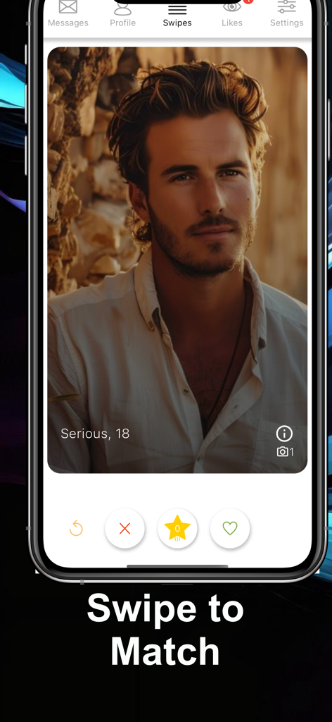 Interfaz de la app de citas gay Catscha que muestra una tarjeta de perfil y la función deslizar para conectar