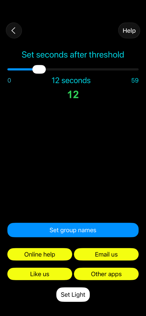 Audio Recorder with Trigger - Écran des paramètres de l'application Enregistreur Audio avec Déclencheur montrant un curseur pour définir les secondes après le seuil et les boutons de menu