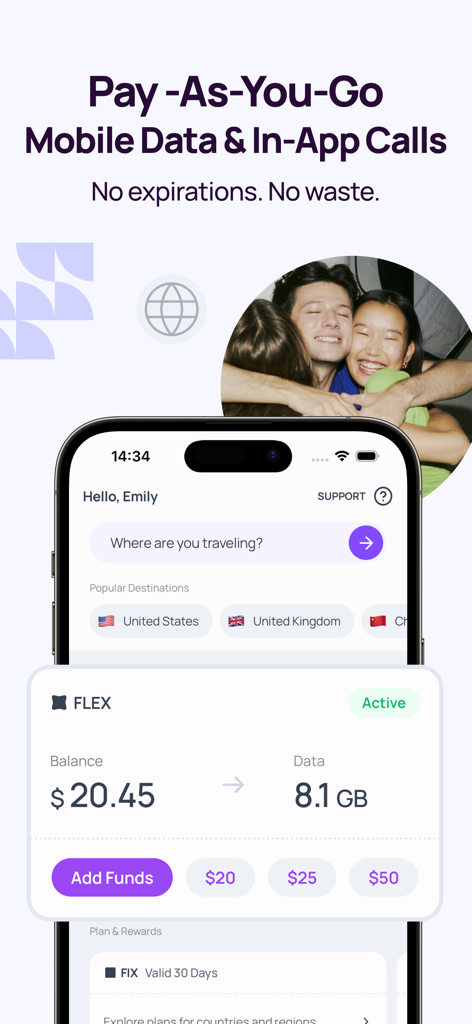 Roamless: eSIM Travel Internet - 종량제 데이터 잔액과 여행지 검색을 보여주는 Roamless 앱 인터페이스