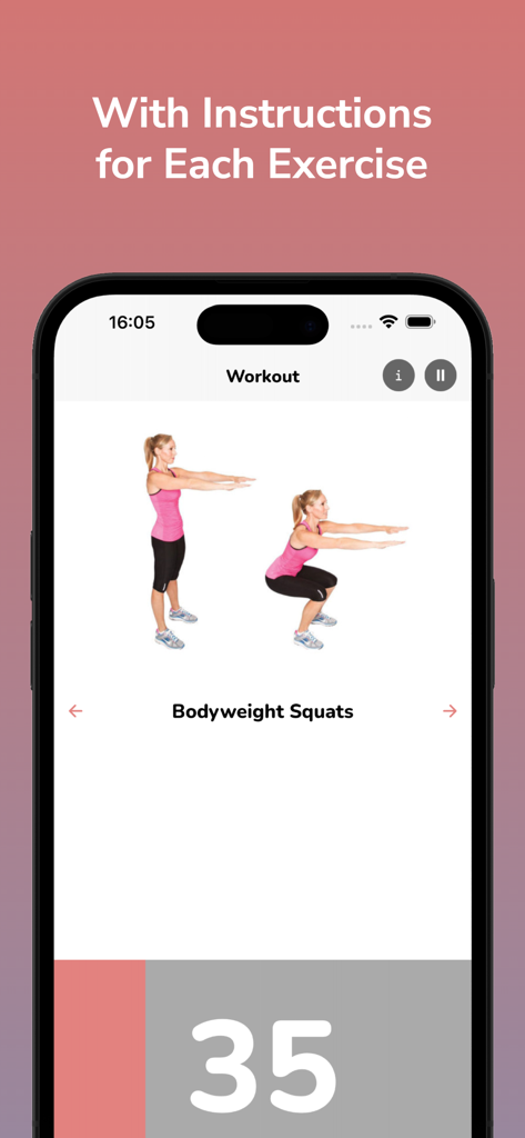 Female Workouts - Pantalla de la aplicación Female Workouts demostrando una sentadilla con peso corporal con instrucciones de ejercicio