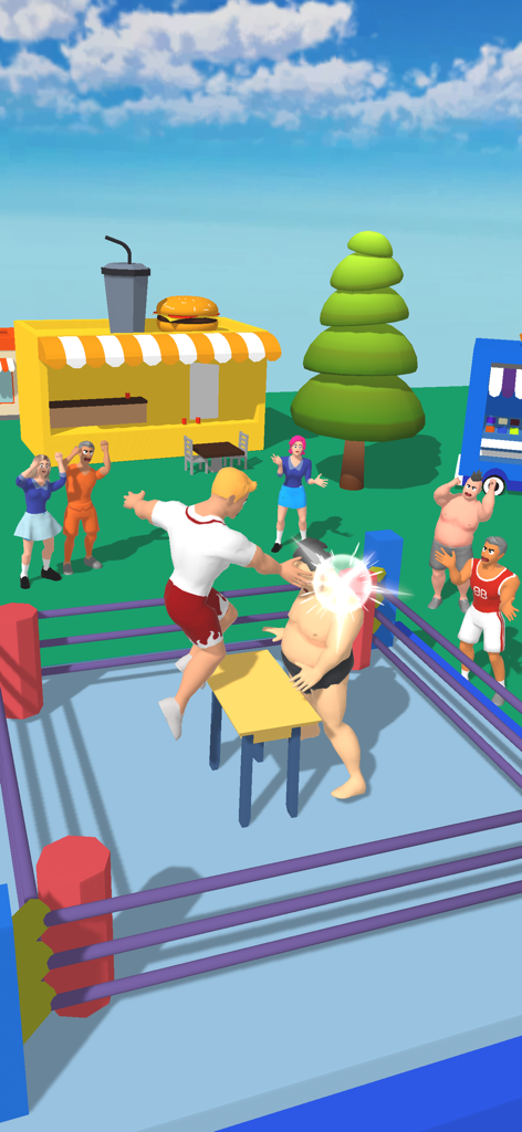 Ein 3D-Charakter in einem Fitnessstudio-Workout-Spiel schlägt einen großen Gegner in einem Wrestling-Ring, während Zuschauer jubeln.