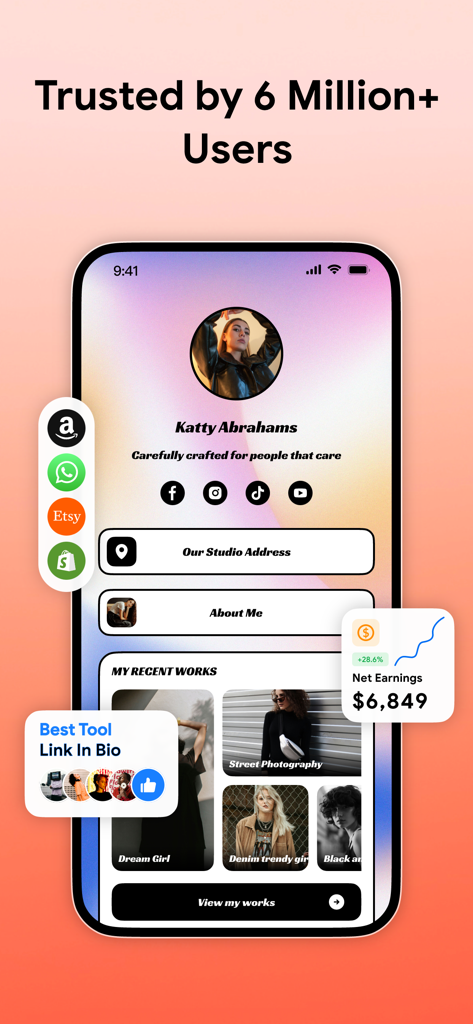 Linkbio - Link in Bio Builder - A smartphone showing a Linkbio landing page with social media links, a photo gallery portfolio, and a net earnings dashboard.