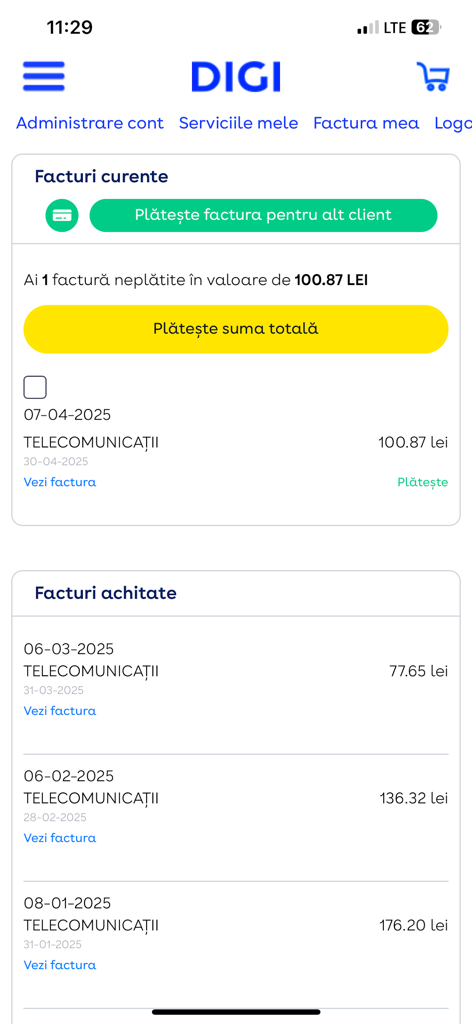 DIGI.ro - Screen of the DIGI.ro app displaying unpaid and paid utility bills for remote management