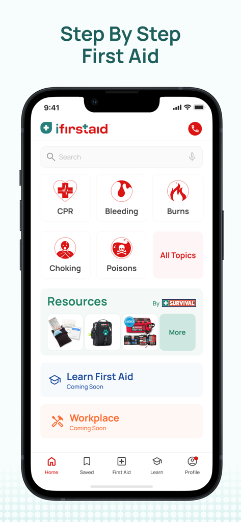 iFirstAid - The iFirstAid app home screen displaying icons for CPR, bleeding, burns, and choking instructions.