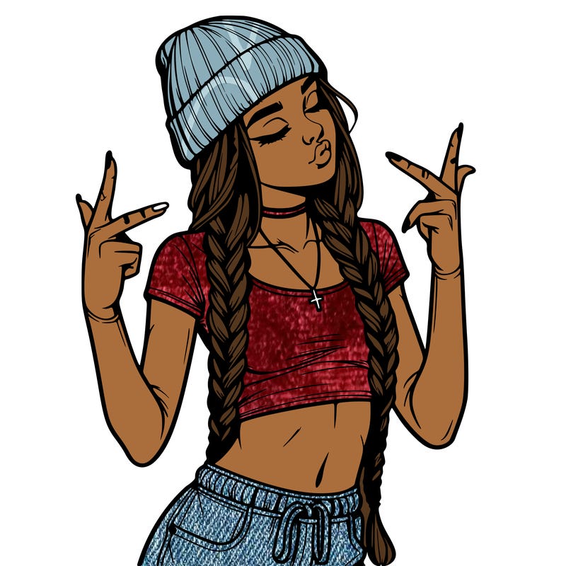 realistic teenage girl with braids and a beanie and crop top doing 🫶🏼