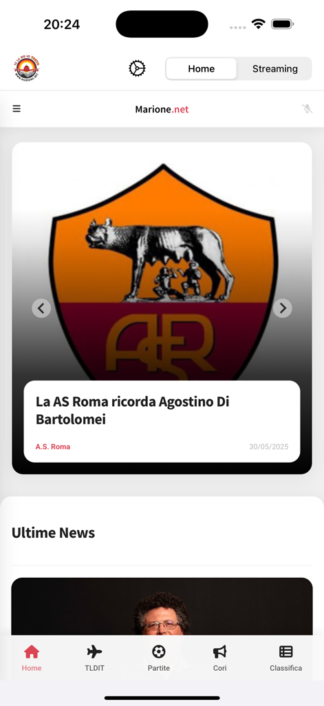 Te la do io Tokyo 2.0 - Home screen of the Te la do io Tokyo 2.0 app displaying A.S. Roma news and navigation menu
