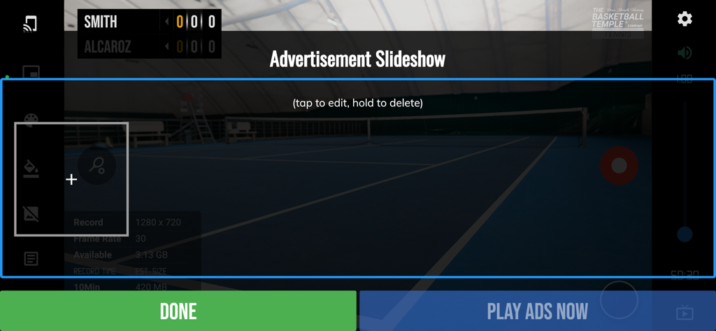 Interface of BT Tennis Camera app displaying advertisement slideshow settings over a tennis court view