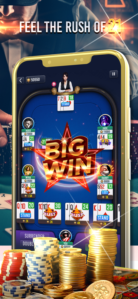 Blackjack 21 Championship - 가상 칩과 카드가 있는 블랙잭 21 챔피언십 게임에서 Big Win 공지가 표시된 모바일 화면.