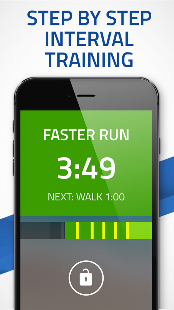 Pacer 5K: run faster races - Pacer 5K app screen showing step by step interval training timer for a faster run