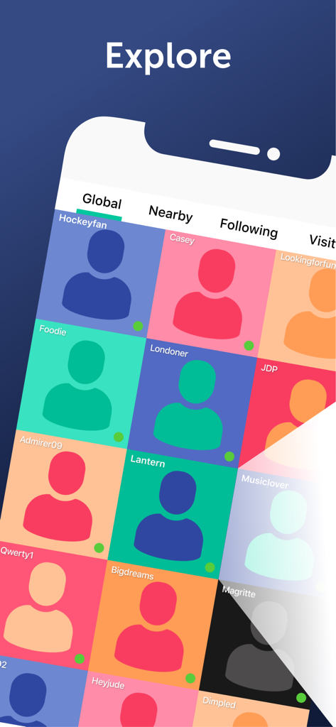 Grokio app explore screen showing a colorful grid of user profiles