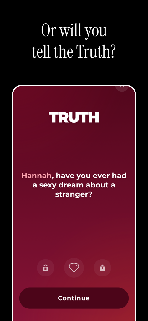 Sex Game: Truth or Dare - Una tarjeta de verdad en la aplicación Sex Game haciendo una pregunta provocativa para parejas