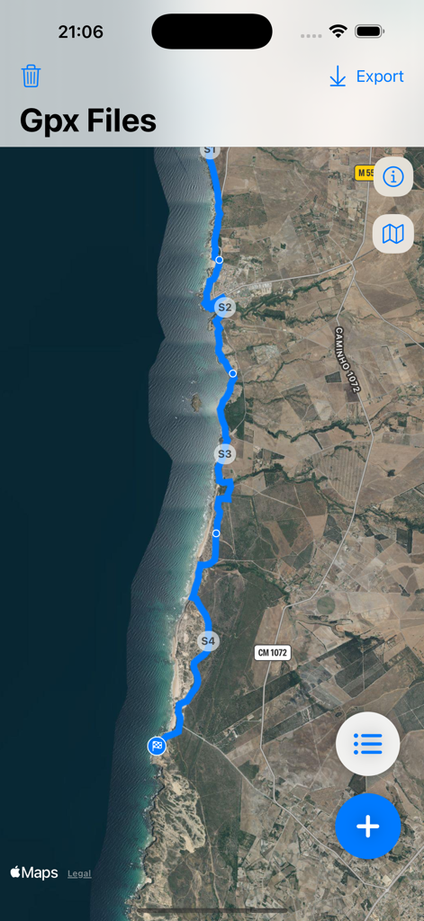 Merge GPX - Satellite map view showing a merged GPS route along a coastline in the Merge GPX app