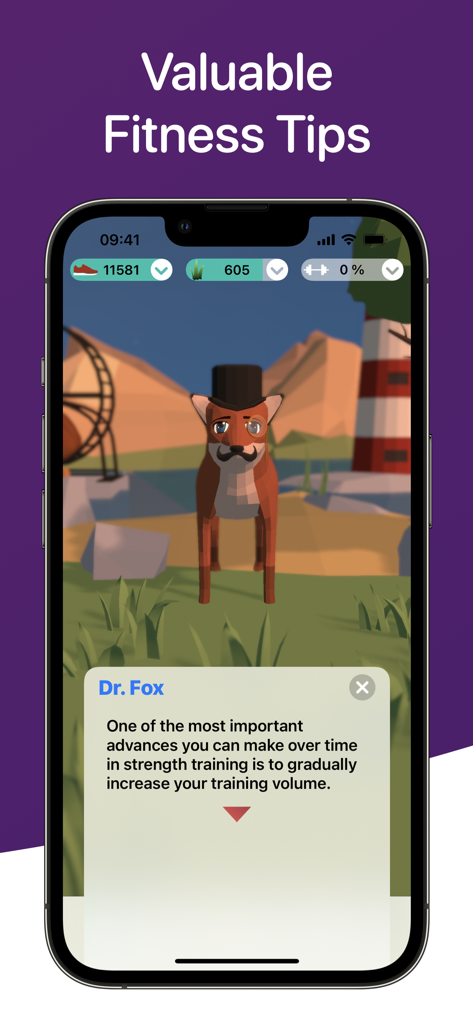Treeceps: Fitness Workout Game - Animated character Dr. Fox giving a strength training tip in the Treeceps fitness app