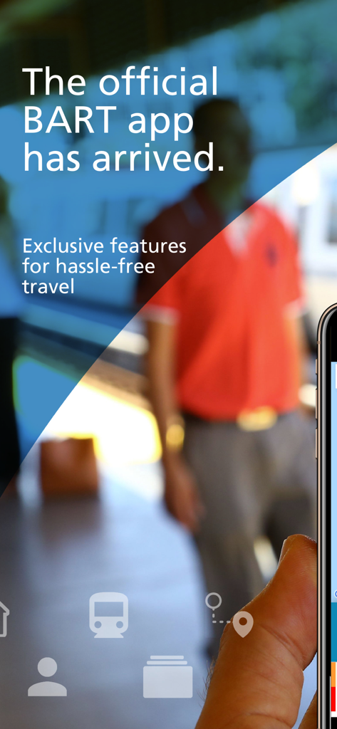 BART (Official) - Promotional screen for the official BART app showing exclusive travel features for San Francisco Bay Area commuters.