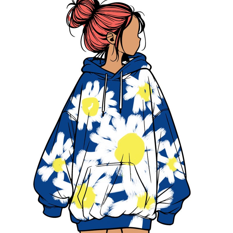 realistic girl with a oversized sweatshirt on and a bun