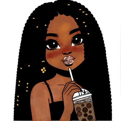 realistic girl holding a boba with braided hair